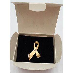 Avon Pink Ribbon Pin‎ Goldtone Rhinestone Brooch Breast Cancer Awareness in Box